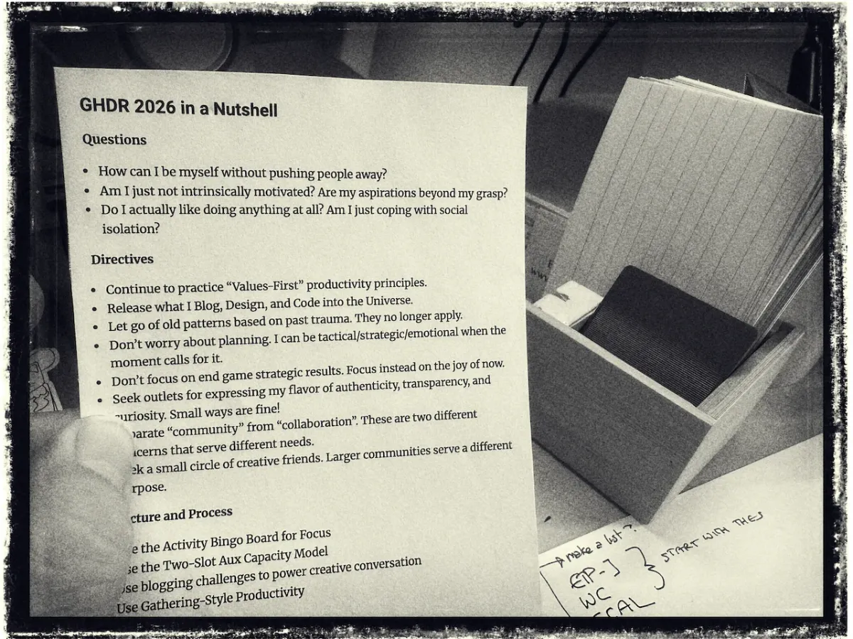 a photograph of a printed list of questions, directions, and methodologies related to Sri's "Groundhog Day Resolutions" quest for 2026